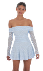 Lace Off Shoulder Flare Dress in Light Blue