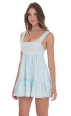 Floral Square Neckline Babydoll Dress in Blue and White