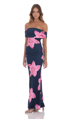 Off Shoulder Pink Floral Maxi Dress in Navy