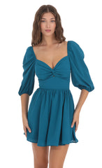 Puff Sleeve Twist Dress in Blue