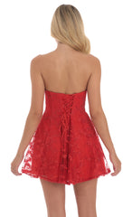 Embroidered Floral Strapless Dress in Red