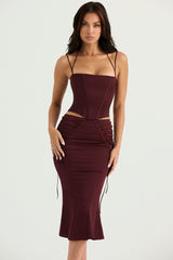 wine satin lace up midi skirt