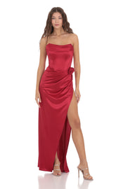Flower Satin Draped Strapless Maxi Dress in Red