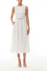 Silk White Belted Lace Dress