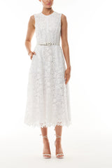 Silk White Belted Lace Dress