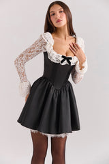 black lace ruffle mini dress