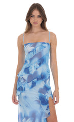 Floral Ruffle Mesh Square Neck Maxi Dress in Blue