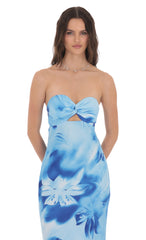 Floral Cutout Strapless Maxi Dress in Blue