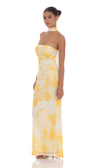 Scarf Mesh Floral Strapless Maxi Dress in Yellow