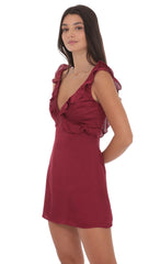 Satin Ruffle V-Neck Dress in Maroon