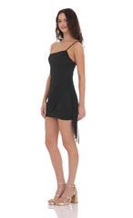 Mesh One Shoulder Tassel Dress in Black