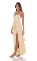 Mesh Ruffle Maxi Dress in Yellow