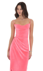 Velvet Asymmetrical Maxi Dress in Hot Pink