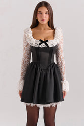 black lace ruffle mini dress