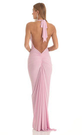 Gathered Back Halter BodyCon Maxi Dress in Pink