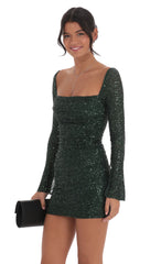 Knit Sequin Long Sleeve Dress in Green