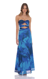 Mesh Floral Cutout Maxi Dress in Blue