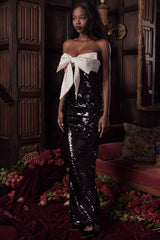 black sequin strapless bow dress