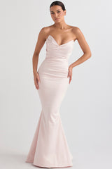 blush satin strapless gown