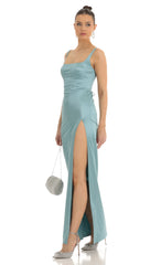 Satin Rhinestone Maxi Dress in Teal
