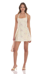 Floral Halter Open Back Dress in Cream