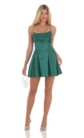 Draped Satin A-Line Dress in Green