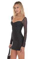 Polka Dot Long Sleeve Bodycon Dress in Black