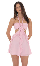 Chiffon Cutout Ruffle Dress in Pink