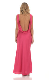 Satin High Neck Open Back Maxi Dress in Magenta