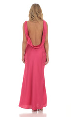 Satin High Neck Open Back Maxi Dress in Magenta