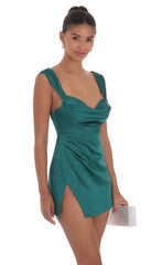 Cowl Neck Satin Slit Dress in Teal