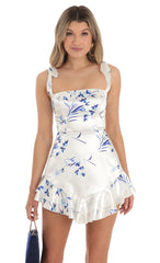 Satin Floral Ruffle Dress in White