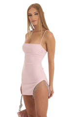 Rhinestone Fringe Slit Dress in Pink