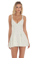 Floral Bow Tie Fit and Flare in Pastel Green