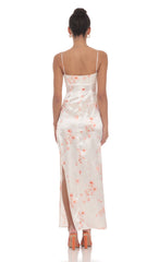 Satin Floral Cinched Maxi Dress in White