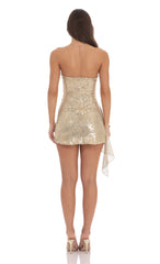 Sequin Side Ruched Strapless Dress in Gold