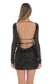 Sequin High Neck Open Back Dress in Black