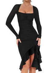 BORIFLORS Women's Sexy Ruched Bodycon Midi Dresses Elegant Mesh Long Sleeve Square Neck Ruffle Hem Cocktail Party Dress