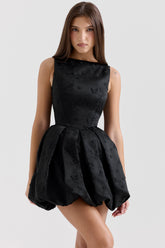 black backless embroidered mini puffball dress