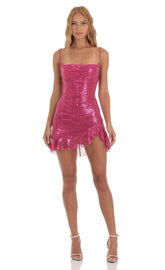 Sequin Ruffled Slit Dress in Pink