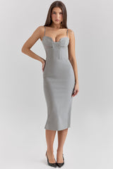 light grey mesh panelled bodycon midi dress