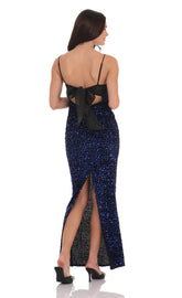 Velvet Blue Sequin Back Bow Maxi Dress in Black