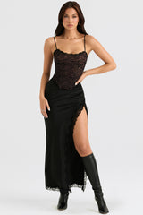 black satin lace trim midi skirt