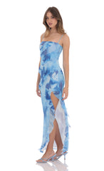 Floral Ruffle Mesh Square Neck Maxi Dress in Blue