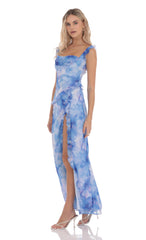 Floral Ruffle Cowl Neck Maxi Dress in Blue