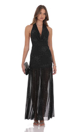 Rhinestone Plunge Cowl Neck Maxi Dress in Black