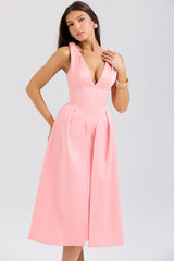 peach satin pleated midi dress