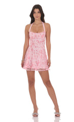 Sequin Floral Halter Open Back Dress in Pink