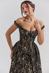 black gold lace off shoulder midi gown