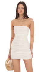Strapless Ruched Bodycon Dress in Ivory